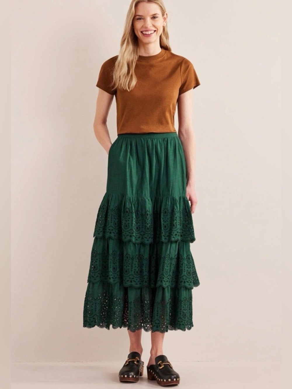 Boden Broderie 100% Cotton Green Eyelet Embroidery Tiered Skirt Size 8